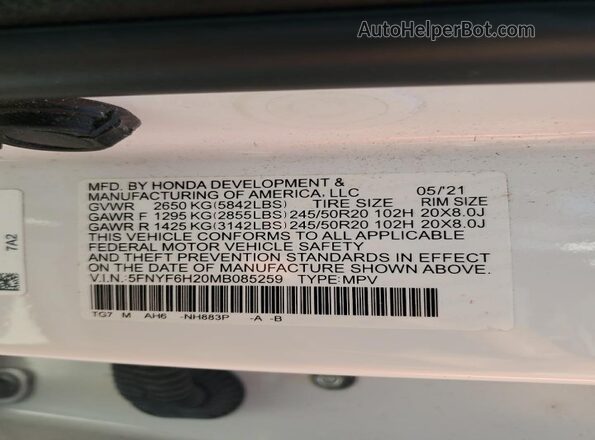 5FNYF6H20MB085259 2021 HONDA PILOT White VIN կոդի պիտակի տեսք