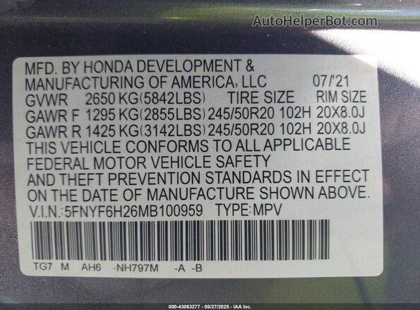 5FNYF6H26MB100959 2021 HONDA PILOT Gray Vista del compartimento del motor