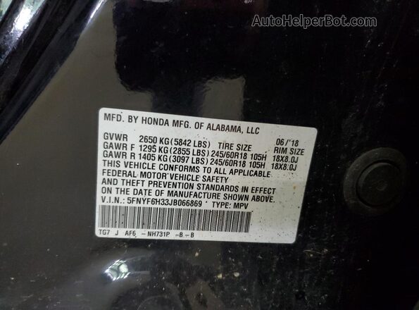 5FNYF6H33JB066869 2018 HONDA PILOT Black 