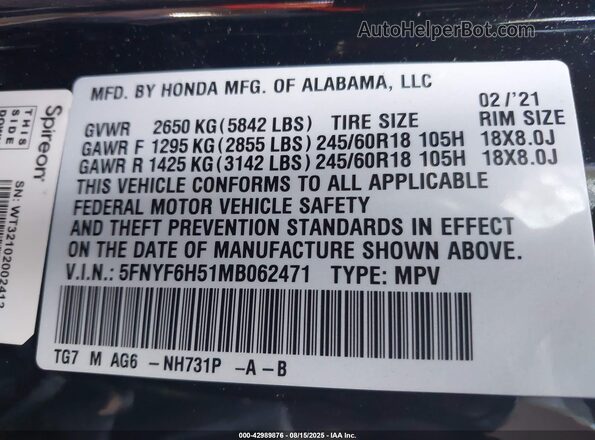 5FNYF6H51MB062471 2021 HONDA PILOT Black 