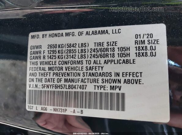 5FNYF6H57LB047407 2020 HONDA PILOT Black Widok komory silnika