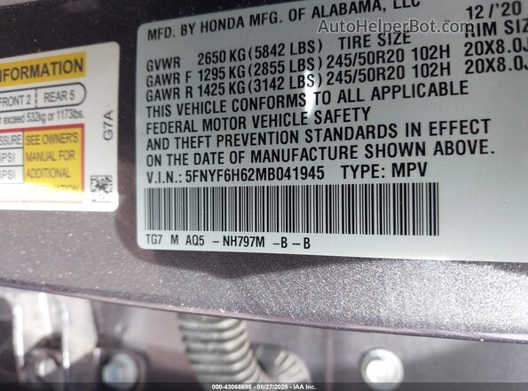 5FNYF6H62MB041945 2021 HONDA PILOT Gray ძრავის განყოფილების ხედი