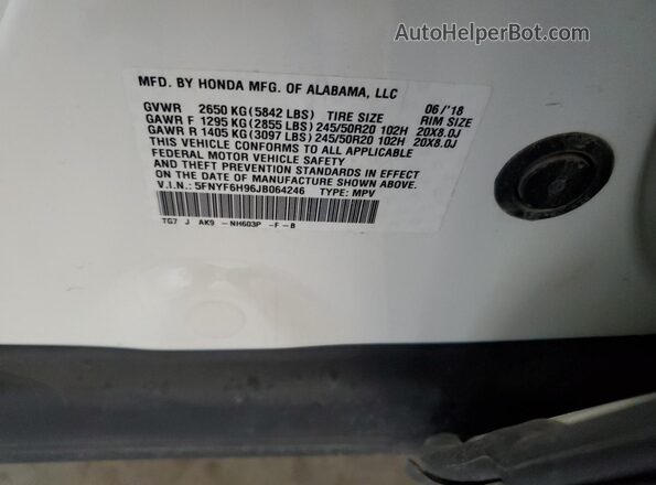 5FNYF6H96JB064246 2018 HONDA PILOT White 