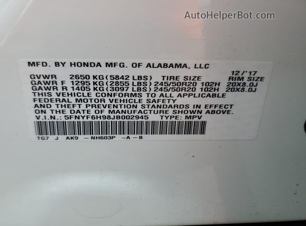 5FNYF6H98JB002945 2018 HONDA PILOT White 