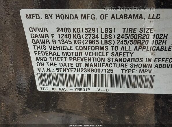 5FNYF7H23KB007125 2019 HONDA PASSPORT Black Vista del compartimento del motor