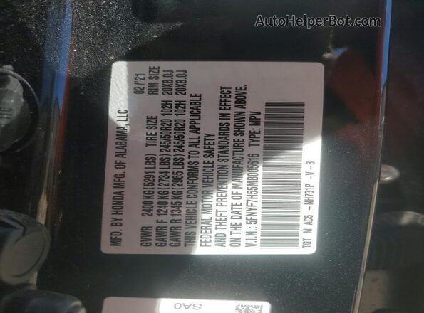 5FNYF7H55MB005616 2021 HONDA PASSPORT Black VIN կոդի պիտակի տեսք