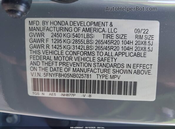 5FNYF8H05NB025781 2022 HONDA PASSPORT Blue 