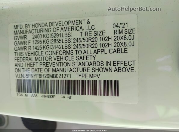 5FNYF8H26MB021271 2021 HONDA PASSPORT White ძრავის განყოფილების ხედი