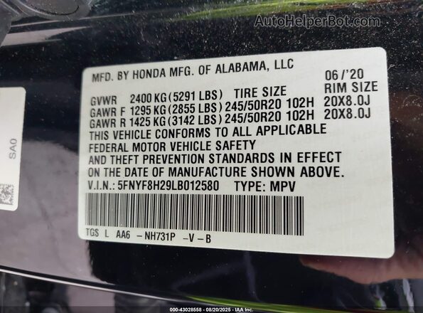 5FNYF8H29LB012580 2020 HONDA PASSPORT Black ძრავის განყოფილების ხედი