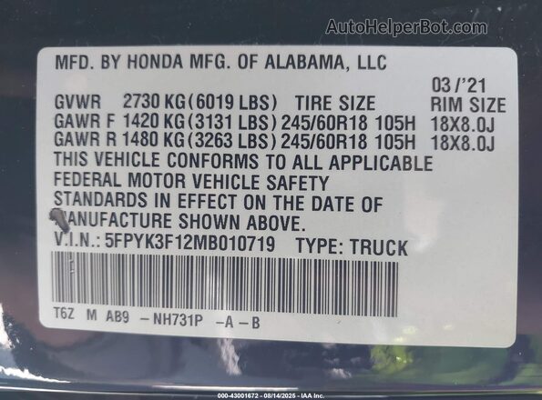 5FPYK3F12MB010719 2021 HONDA RIDGELINE Black Engine compartment view