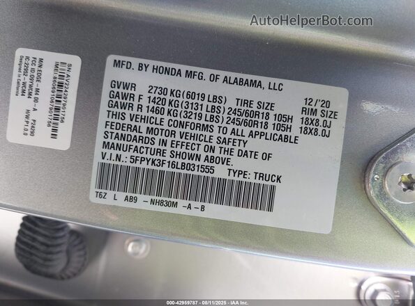 5FPYK3F16LB031555 2020 HONDA RIDGELINE Серый Вид подкапотного пространства