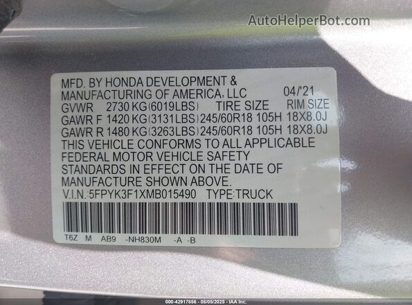 5FPYK3F1XMB015490 2021 HONDA RIDGELINE Silver Engine compartment view