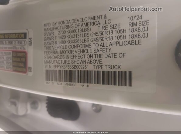 5FPYK3F56SB009251 2025 HONDA RIDGELINE White ძრავის განყოფილების ხედი