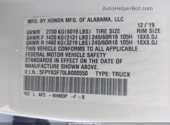 5FPYK3F70LB000550 2020 HONDA RIDGELINE White ძრავის განყოფილების ხედი