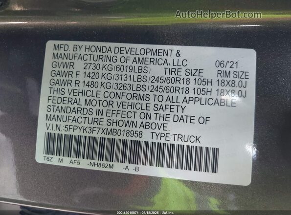 5FPYK3F7XMB018958 2021 HONDA RIDGELINE Серый Вид подкапотного пространства
