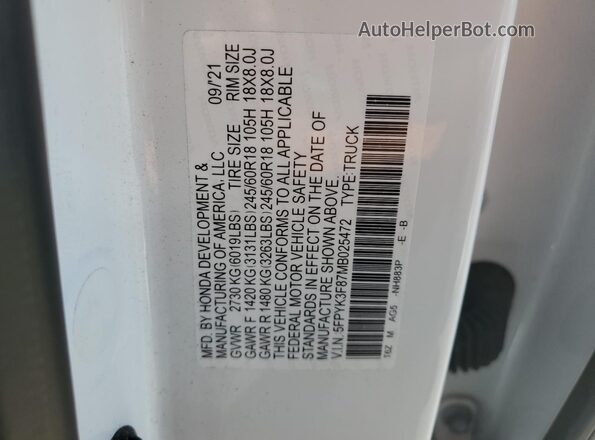 5FPYK3F87MB025472 2021 HONDA RIDGELINE White 