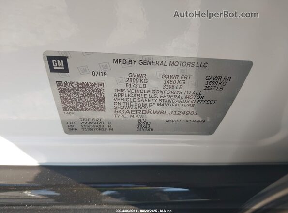 5GAERBKW8LJ124901 2020 BUICK ENCLAVE White ძრავის განყოფილების ხედი