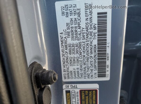 5J6RT6H52NL046964 2022 HONDA CR-V Gray Vista de la etiqueta del VIN