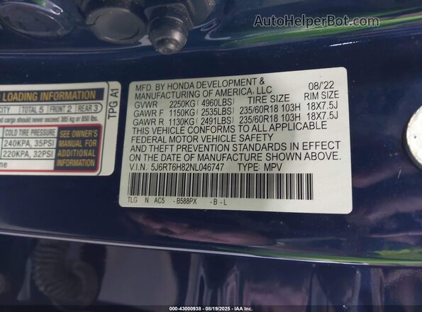 5J6RT6H82NL046747 2022 HONDA CR-V HYBRID Blue 