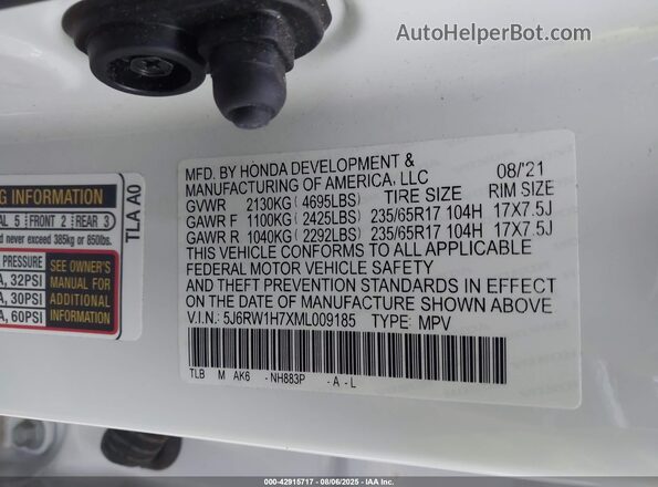 5J6RW1H7XML009185 2021 HONDA CR-V White Widok komory silnika
