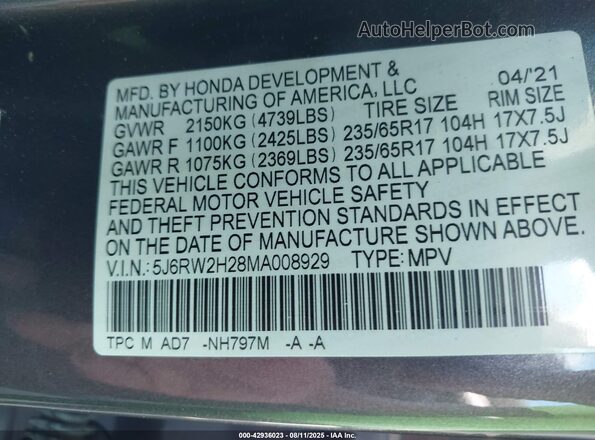 5J6RW2H28MA008929 2021 HONDA CR-V Gray ძრავის განყოფილების ხედი