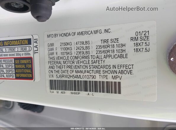 5J6RW2H54ML010790 2021 HONDA CR-V White ძრავის განყოფილების ხედი