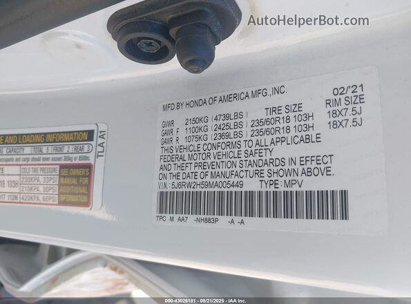 5J6RW2H59MA005449 2021 HONDA CR-V White ძრავის განყოფილების ხედი