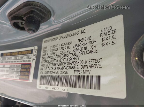 5J6RW2H5XLL002188 2020 HONDA CR-V Blue Вид підкапотного простору