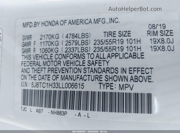 5J8TC1H33LL006615 2020 ACURA RDX White Engine compartment view