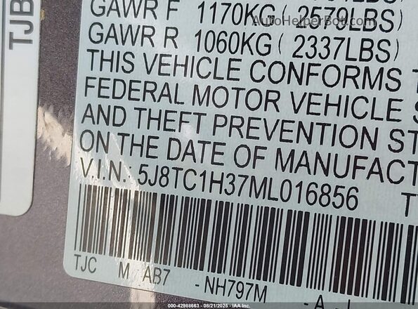 5J8TC1H37ML016856 2021 ACURA RDX Gray Vista de la etiqueta del VIN