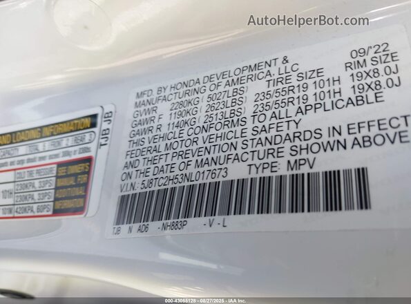 5J8TC2H53NL017673 2022 ACURA RDX White 