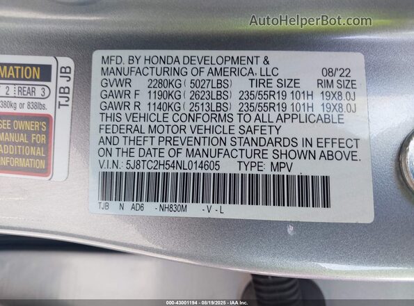 5J8TC2H54NL014605 2022 ACURA RDX Silver 