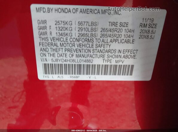 5J8YD4H08LL014882 2020 ACURA MDX Красный Вид подкапотного пространства