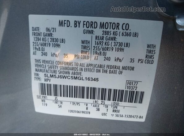 5LM5J6WC5MGL16345 2021 LINCOLN AVIATOR Silver 