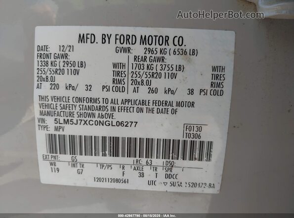 5LM5J7XC0NGL06277 2022 LINCOLN AVIATOR Cream Շարժիչի բաժամունքի տեսք