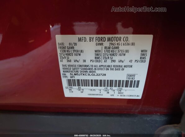 5LM5J7XC3LGL22728 2020 LINCOLN AVIATOR Red 