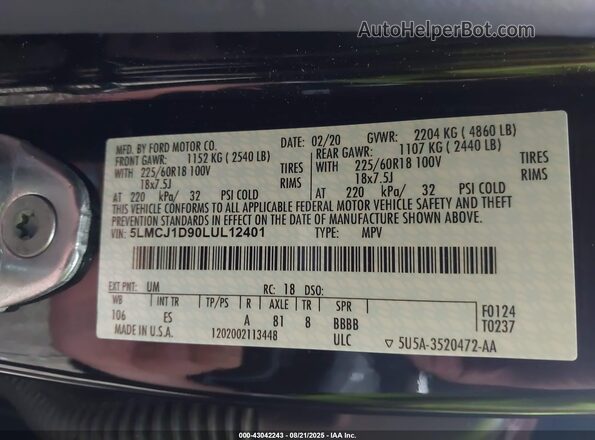 5LMCJ1D90LUL12401 2020 LINCOLN CORSAIR Black Widok komory silnika