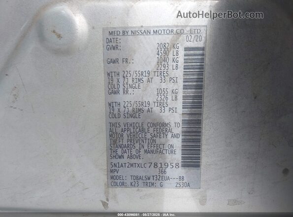 5N1AT2MTXLC781958 2020 NISSAN ROGUE Silver Widok komory silnika