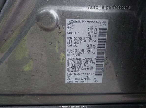 5N1AT2MV3LC777543 2020 NISSAN ROGUE Серый Вид подкапотного пространства