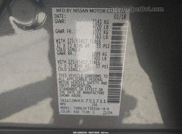 5N1AT2MV4JC751711 2018 NISSAN ROGUE Gray 