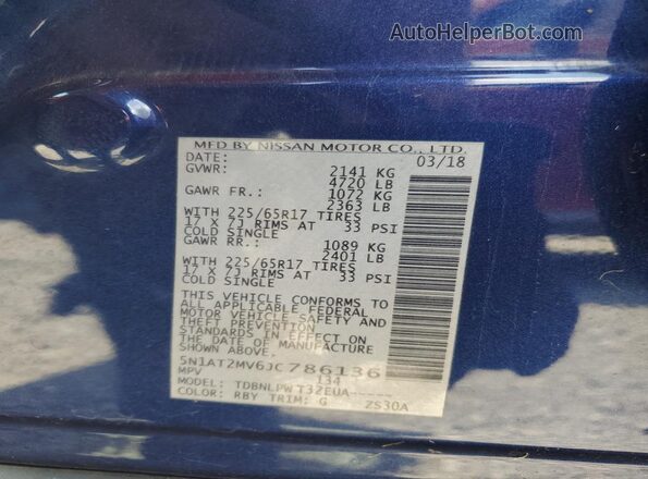 5N1AT2MV6JC786136 2018 NISSAN ROGUE Синий 
