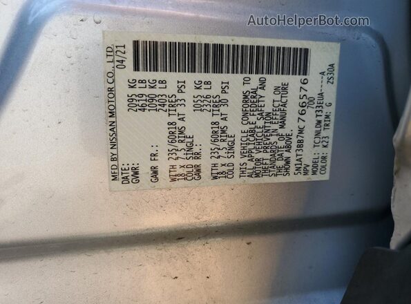 5N1AT3BB7MC766576 2021 NISSAN ROGUE Silver Vista de la etiqueta del VIN