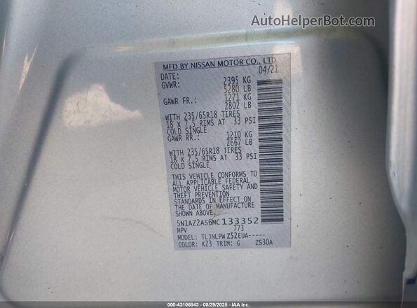 5N1AZ2AS6MC133352 2021 NISSAN MURANO Silver Շարժիչի բաժամունքի տեսք