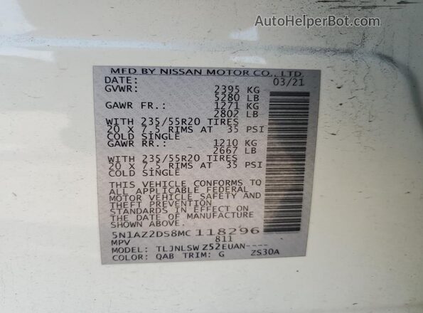 5N1AZ2DS8MC118296 2021 NISSAN MURANO White 