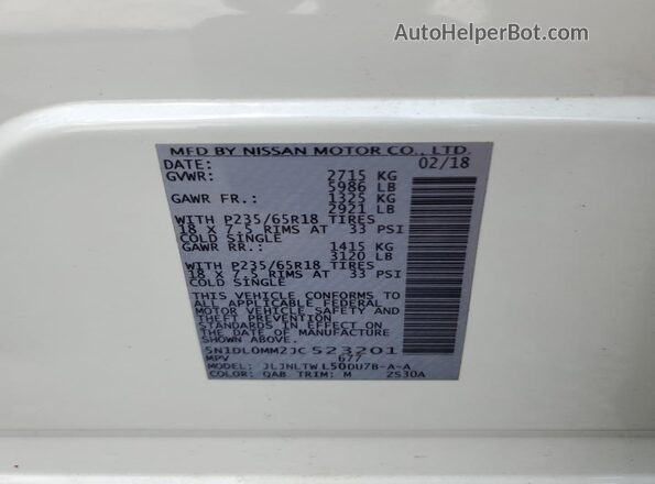 5N1DL0MM2JC523201 2018 INFINITI QX60 White 
