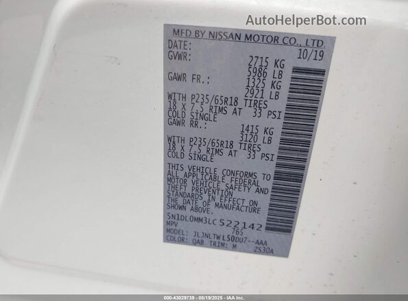 5N1DL0MM3LC522142 2020 INFINITI QX60 White Widok komory silnika