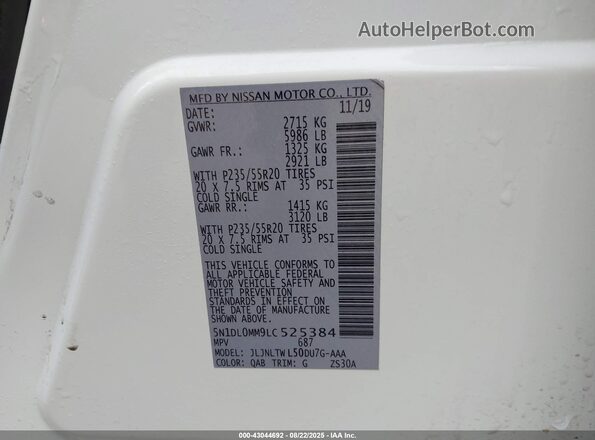 5N1DL0MM9LC525384 2020 INFINITI QX60 White Widok komory silnika