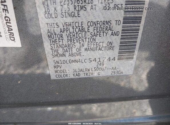 5N1DL0MN4LC541744 2020 INFINITI QX60 Gray Շարժիչի բաժամունքի տեսք