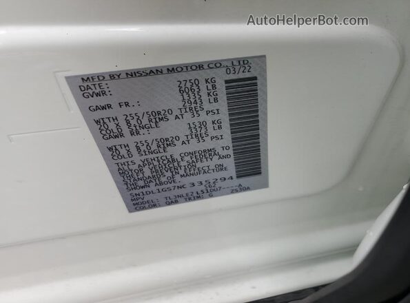 5N1DL1GS7NC335294 2022 INFINITI QX60 Белый Вид наклейки с VIN-кодом