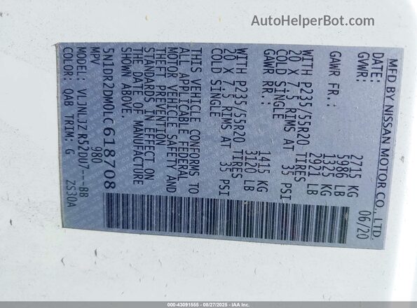 5N1DR2DM0LC618708 2020 NISSAN PATHFINDER White Engine compartment view